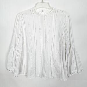 H&M Womens Top Medium Cotton Eyelet Bell Sleeve Cottagecore Fairy Beachy Coastal